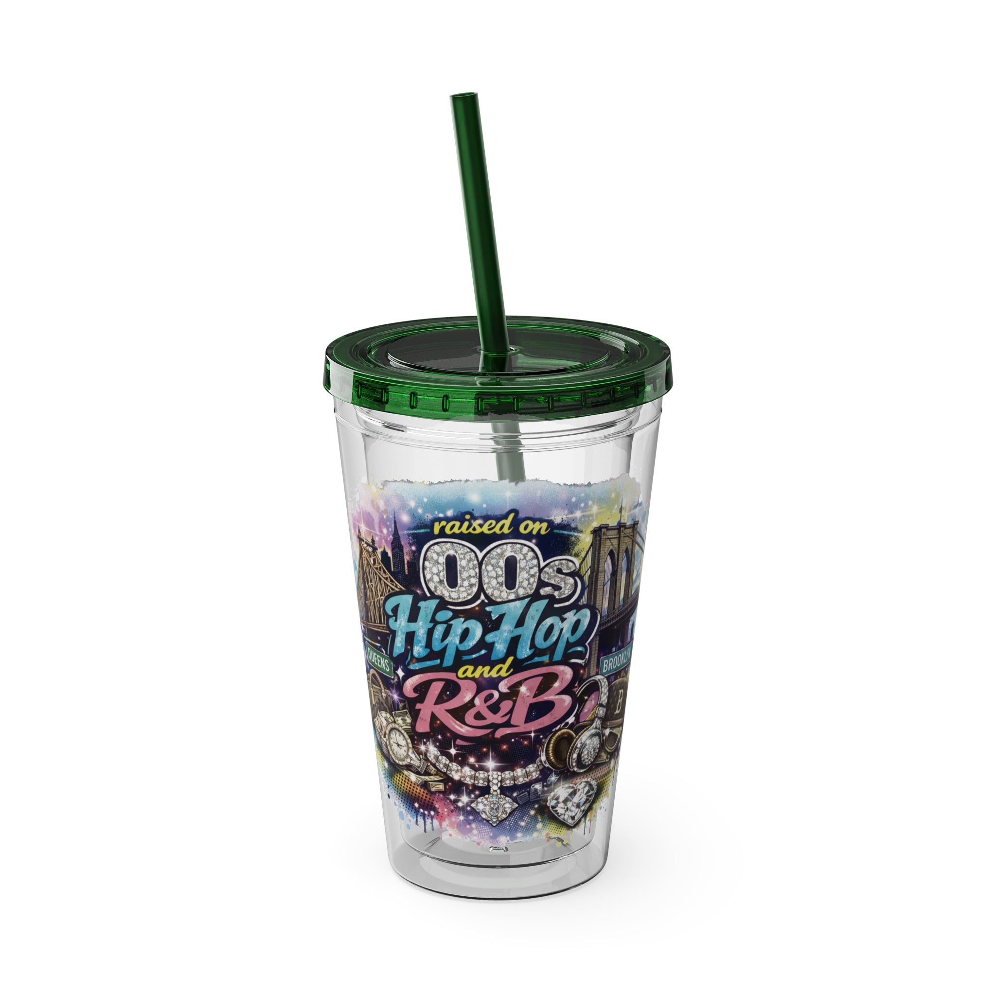 Raised on 00s Hip Hop and R&B Sunsplash Tumbler with Straw, 16oz