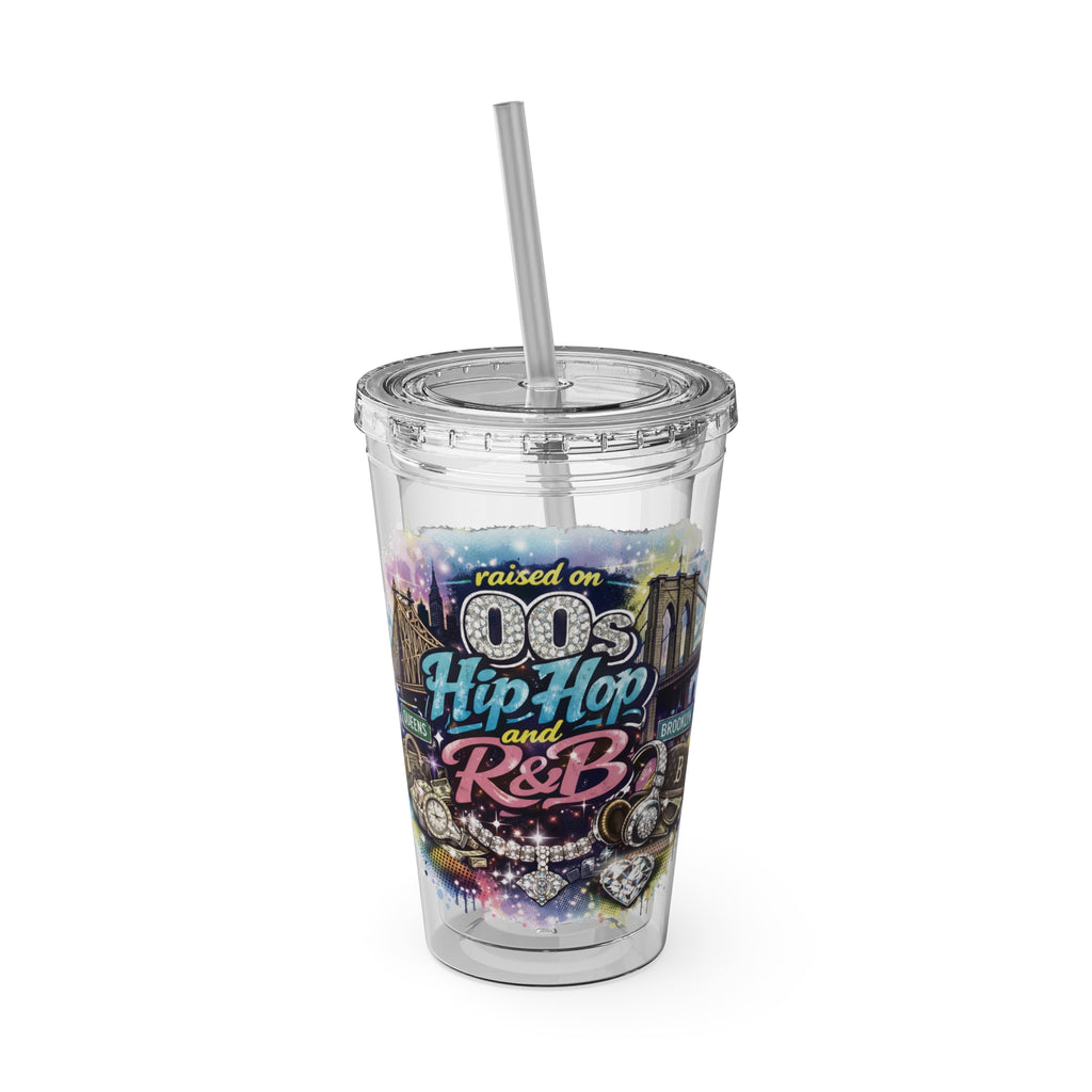Raised on 00s Hip Hop and R&B Sunsplash Tumbler with Straw, 16oz