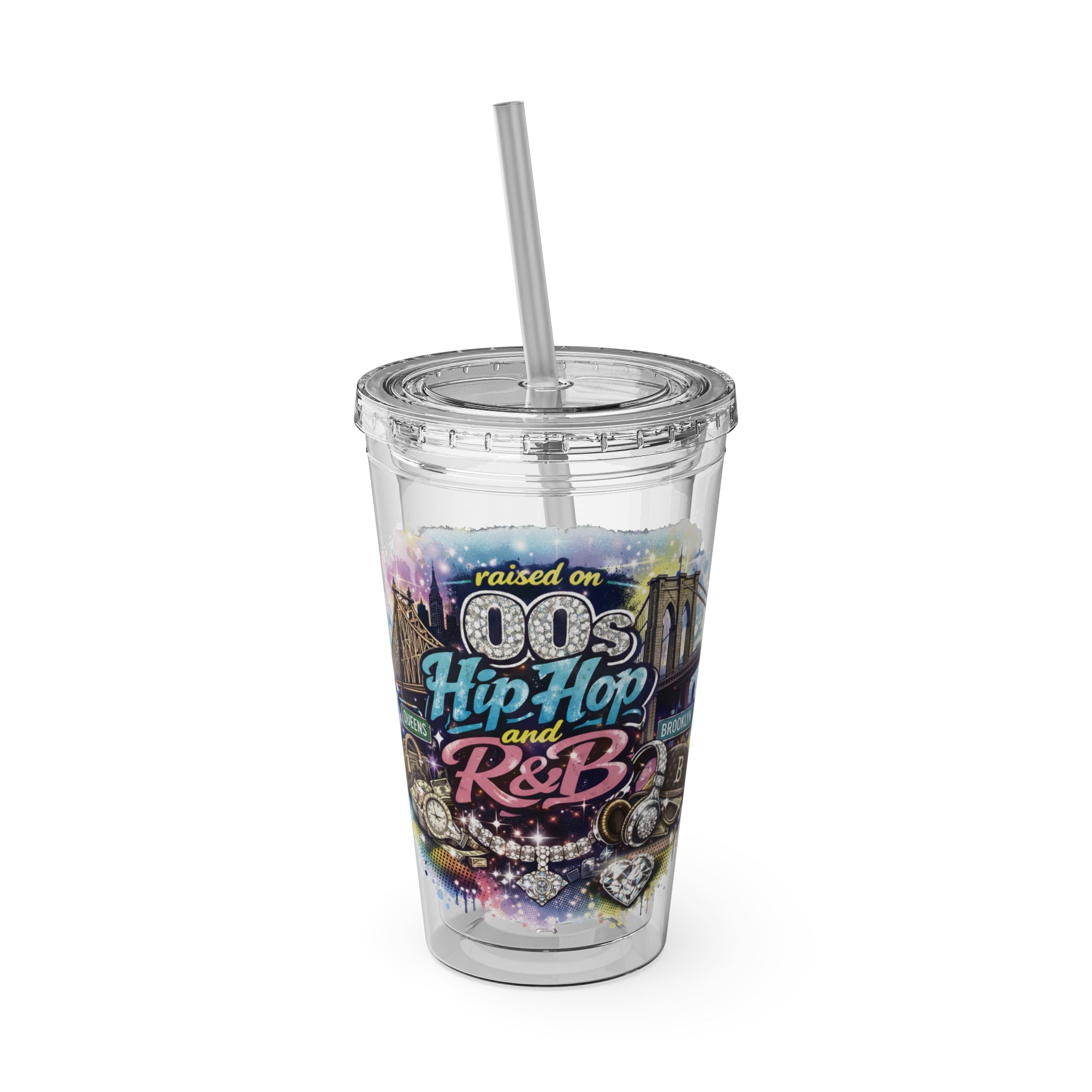 Raised on 00s Hip Hop and R&B Sunsplash Tumbler with Straw, 16oz