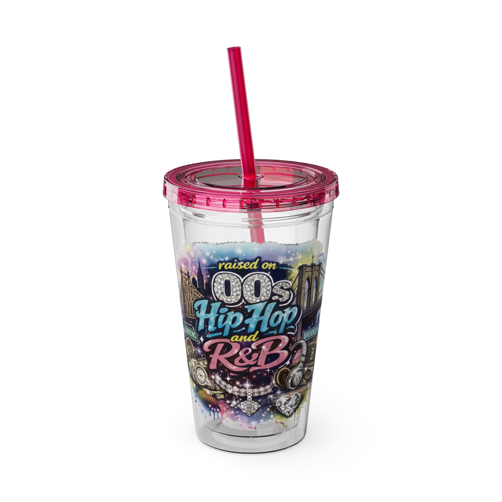 Raised on 00s Hip Hop and R&B Sunsplash Tumbler with Straw, 16oz