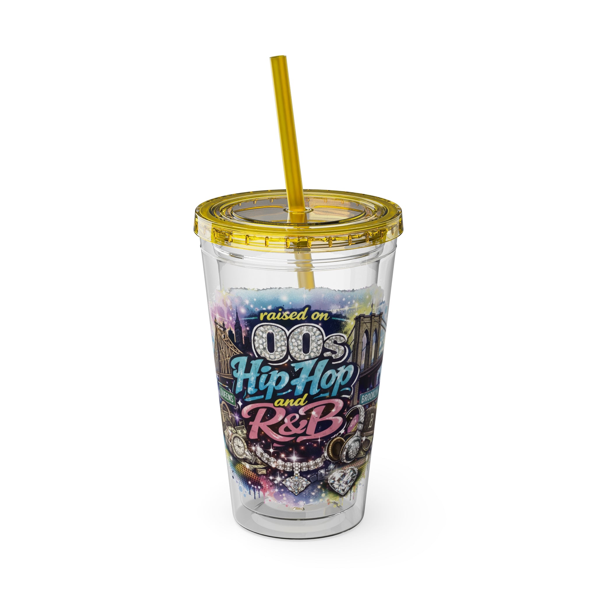 Raised on 00s Hip Hop and R&B Sunsplash Tumbler with Straw, 16oz
