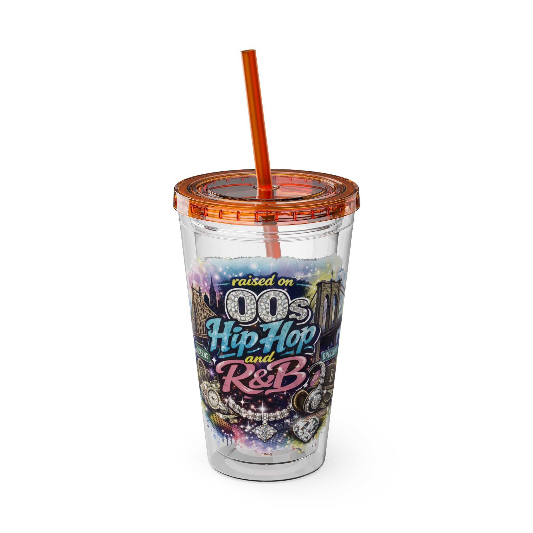 Raised on 00s Hip Hop and R&B Sunsplash Tumbler with Straw, 16oz