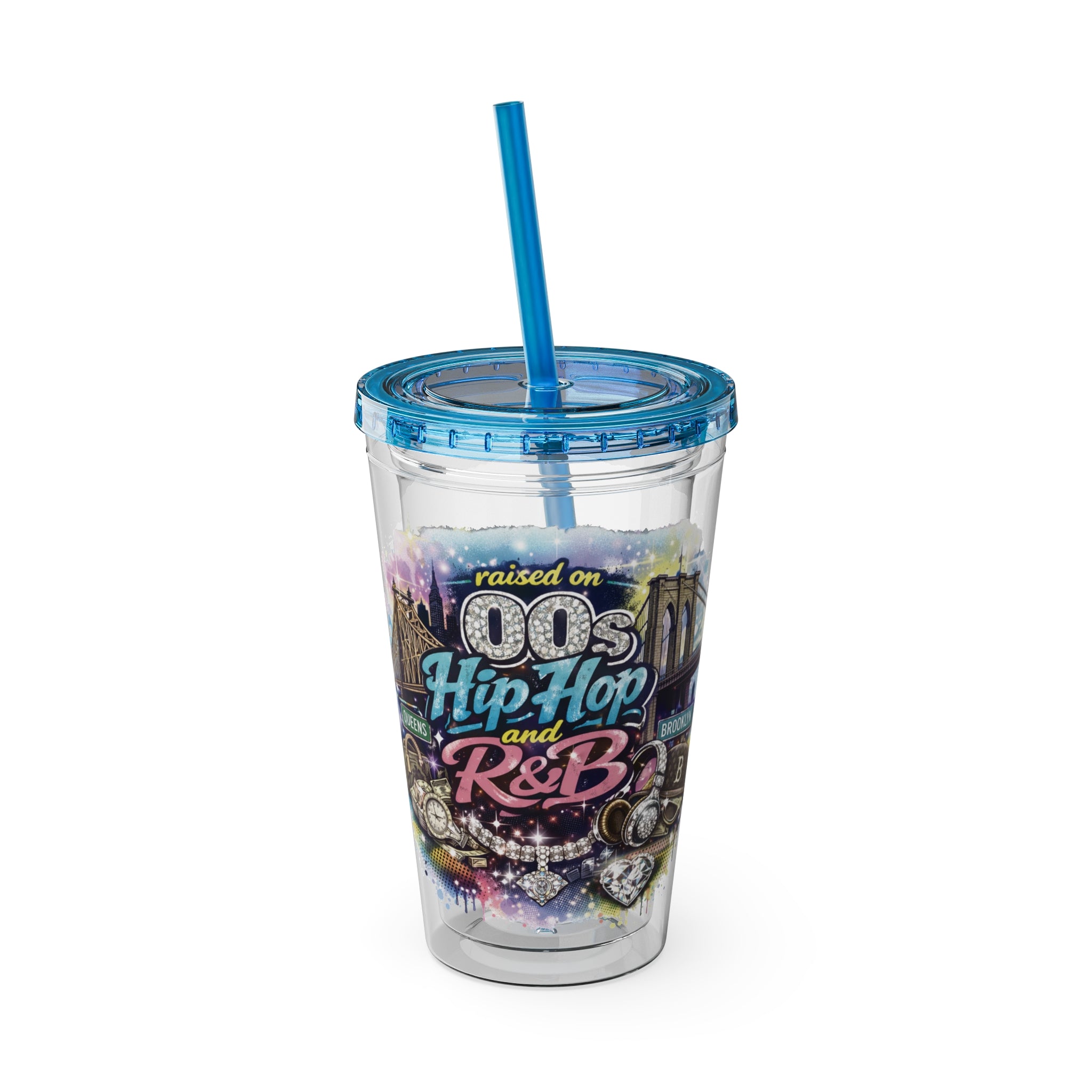 Raised on 00s Hip Hop and R&B Sunsplash Tumbler with Straw, 16oz