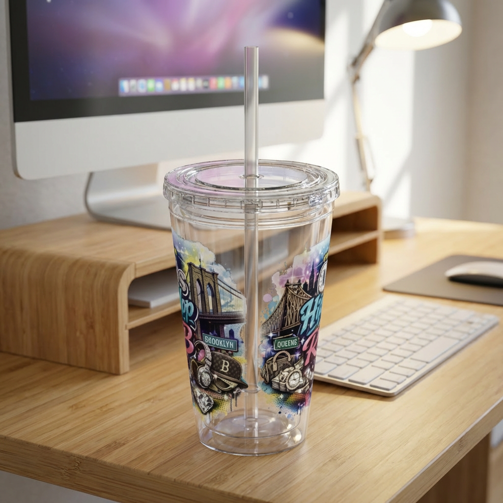 Raised on 00s Hip Hop and R&B Sunsplash Tumbler with Straw, 16oz