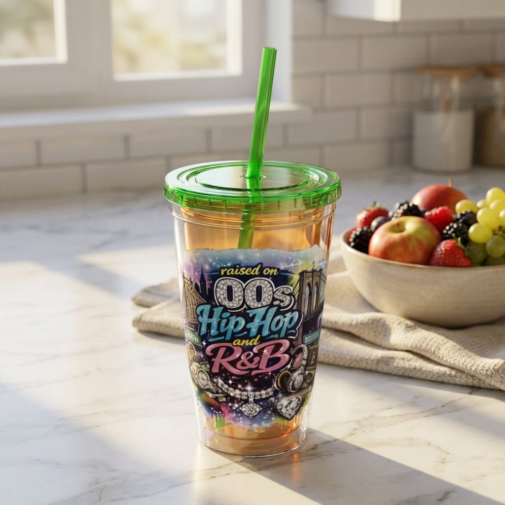 Raised on 00s Hip Hop and R&B Sunsplash Tumbler with Straw, 16oz