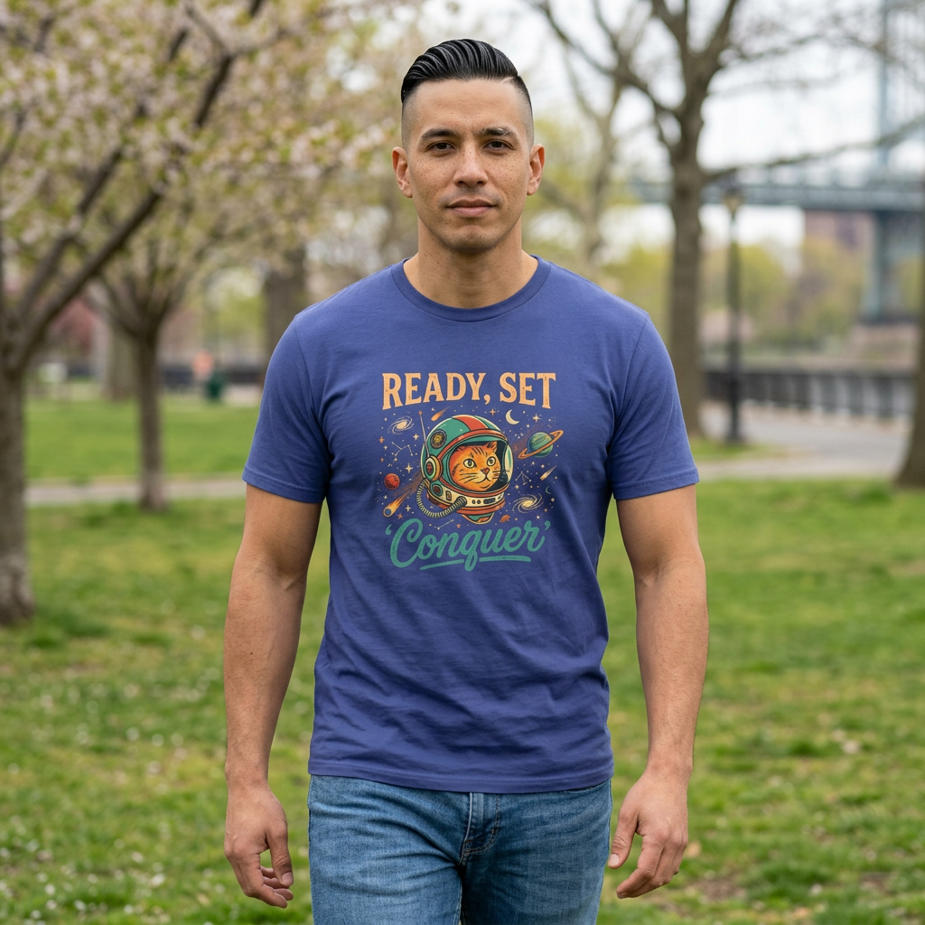 Ready, Set, Conquer Astronaut Cat Graphic Tee