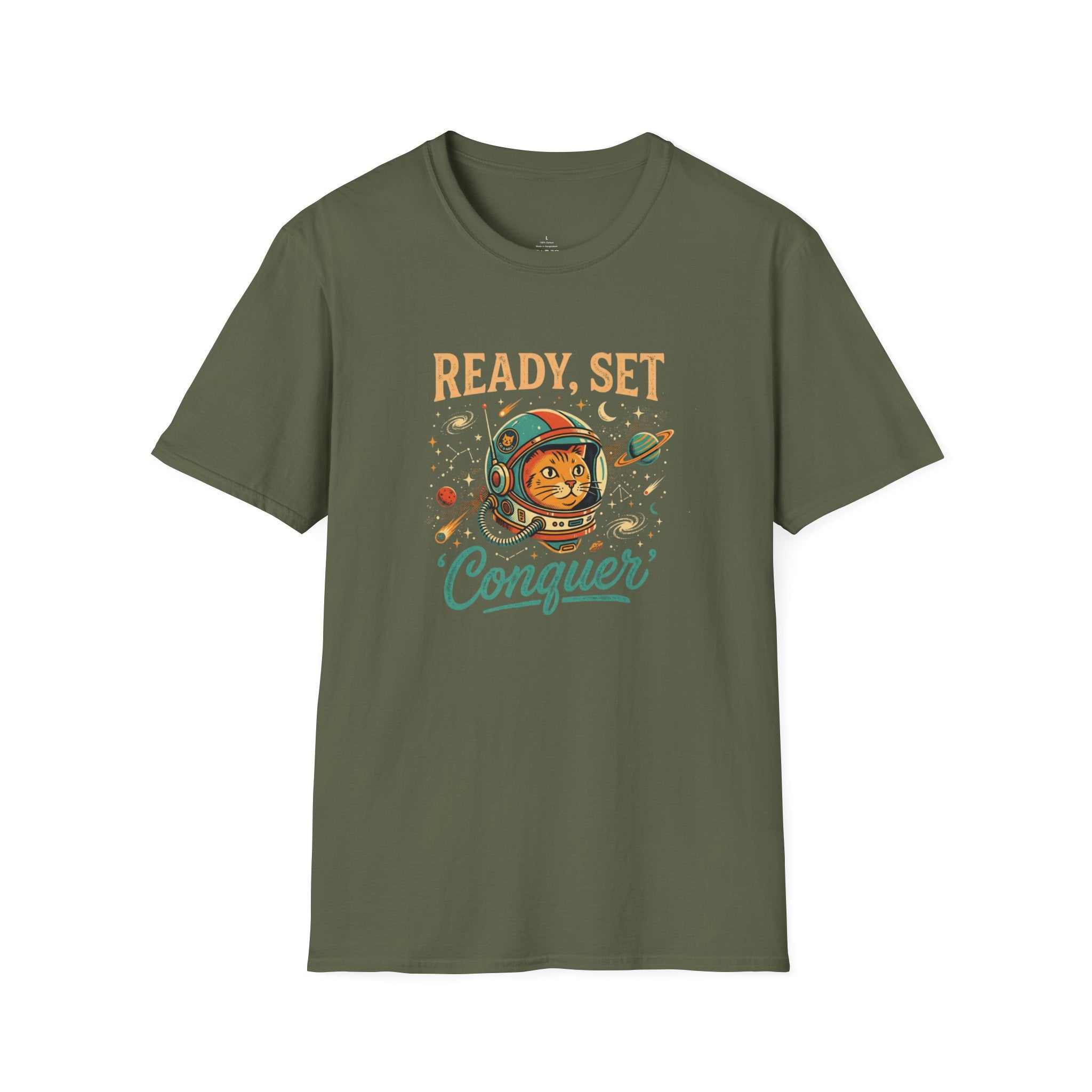 Ready, Set, Conquer Astronaut Cat Graphic Tee