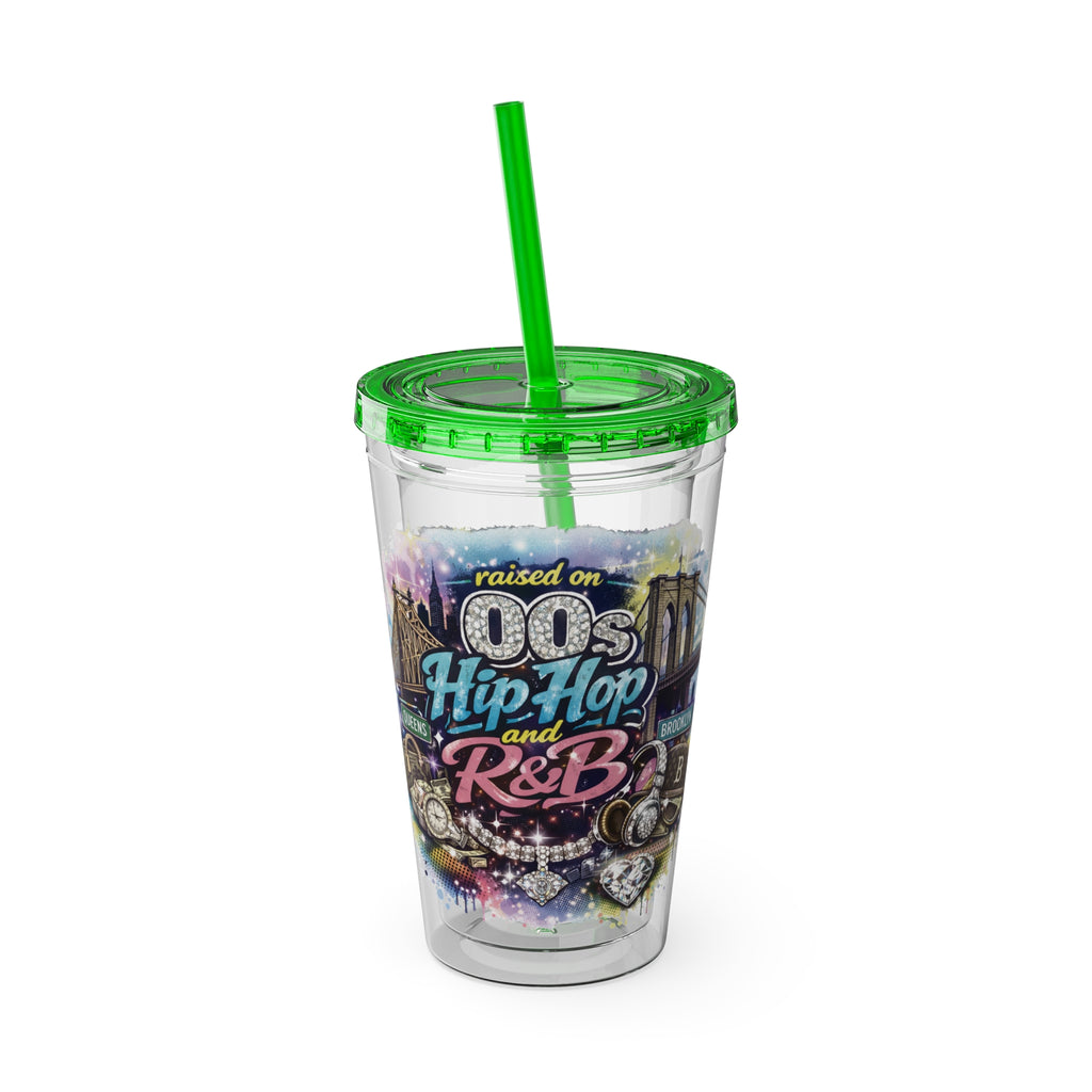 Raised on 00s Hip Hop and R&B Sunsplash Tumbler with Straw, 16oz