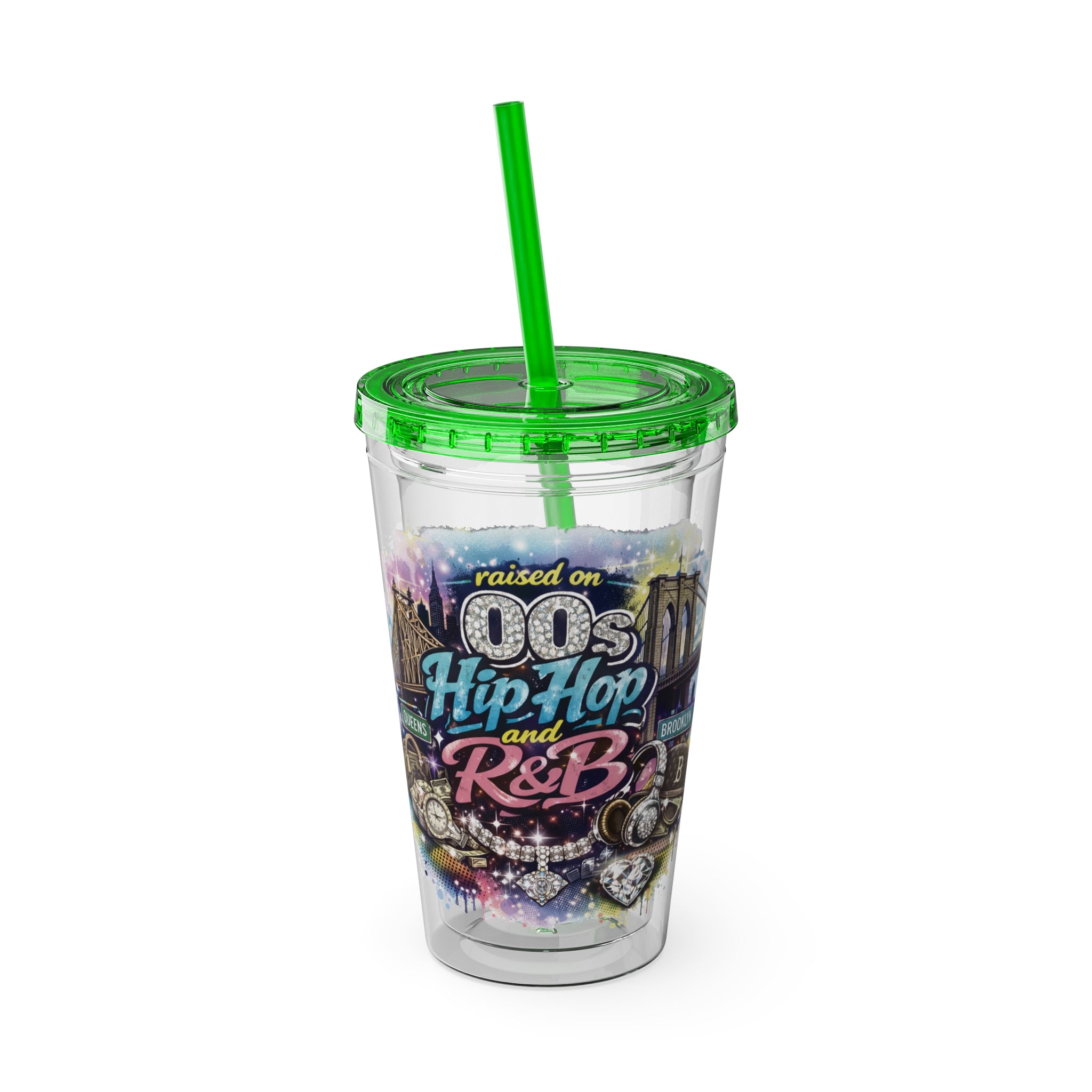 Raised on 00s Hip Hop and R&B Sunsplash Tumbler with Straw, 16oz