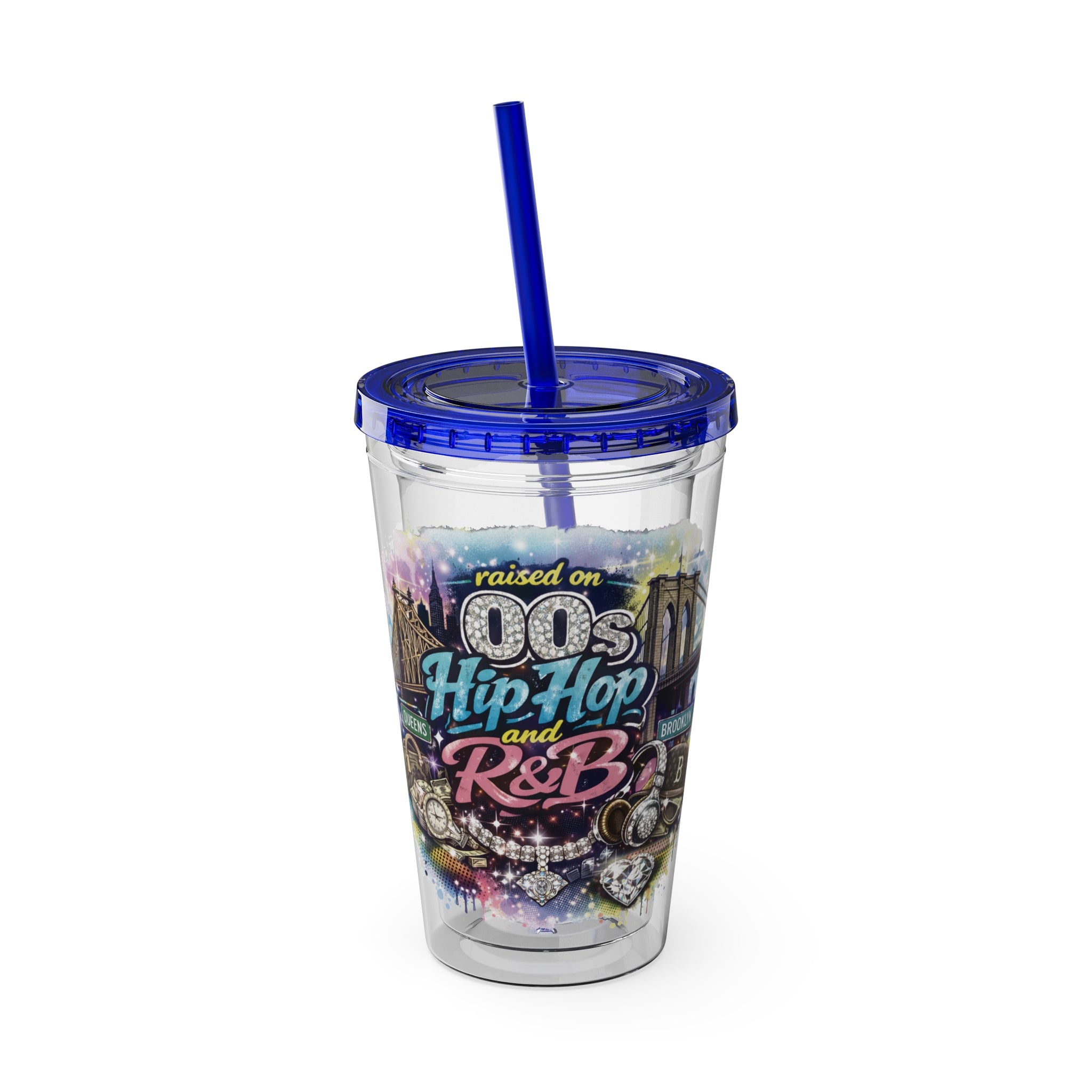 Raised on 00s Hip Hop and R&B Sunsplash Tumbler with Straw, 16oz