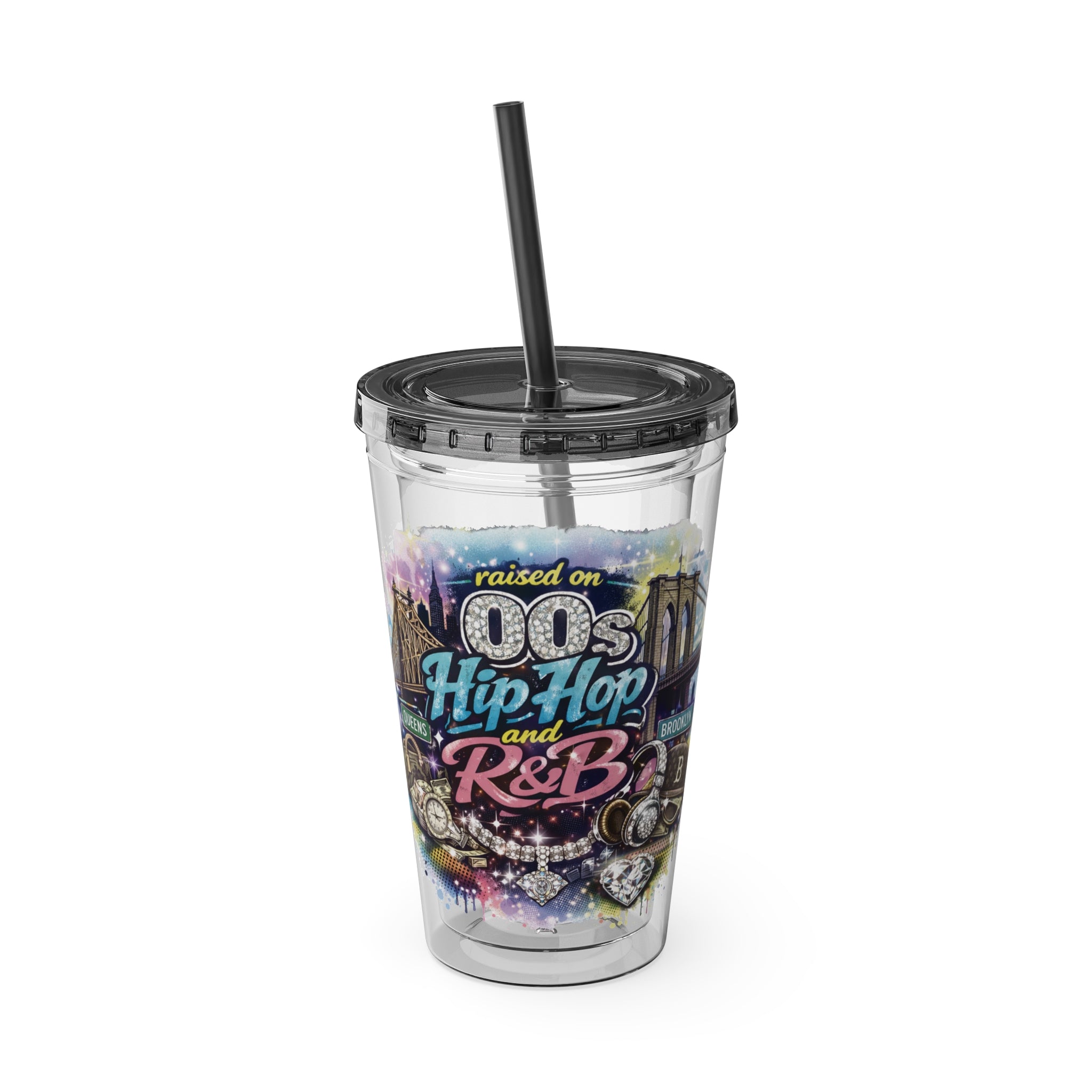 Raised on 00s Hip Hop and R&B Sunsplash Tumbler with Straw, 16oz
