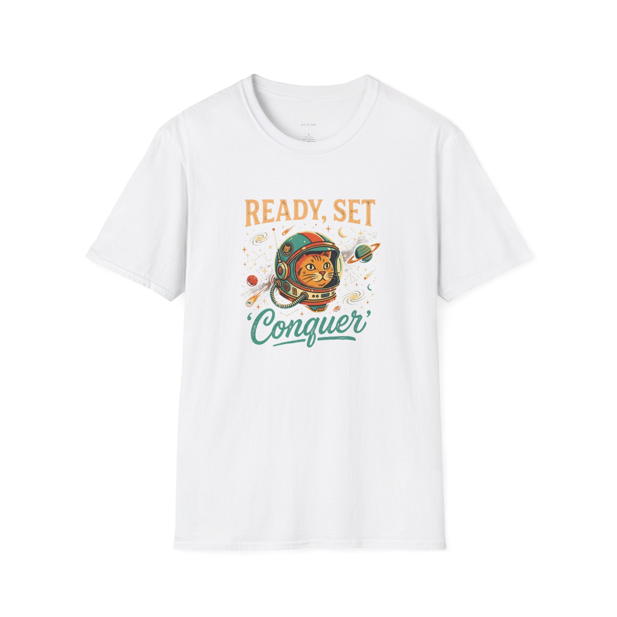 Ready, Set, Conquer Astronaut Cat Graphic Tee